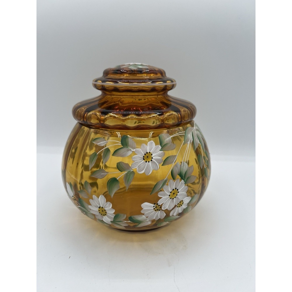 🌼 LG Wright Hand-Painted Daisy Candy Jar – Vintage Glass – Minor Chip